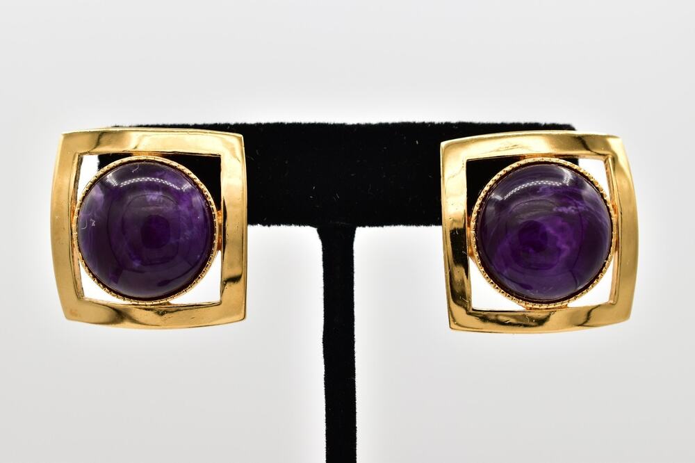 Avon Vintage Purple Cabochon Geometric Square Earrings Gold Chunky 1990s BinBK
